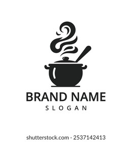 Plantilla del logotipo de la sopa, silueta negra del símbolo de la caldera, ilustración negra del cookware en el fondo blanco.