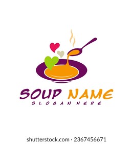 Concepto de diseño del logotipo de sopa con amor. Vector del logo de Cocina de Comida. Logo de la cocina con una olla llena de verduras.