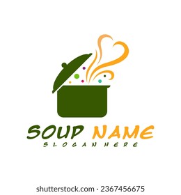 Concepto de diseño del logotipo de sopa con amor. Vector del logo de Cocina de Comida. Logo de la cocina con una olla llena de verduras.