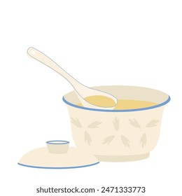 Comida caliente, comida caliente. Platos asiáticos de sopa de cerámica. Caldo de pollo y una cuchara. Ilustración vectorial. aislado sobre un fondo blanco.