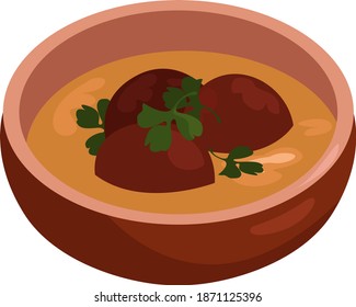 Soup with meat, illustration, vector on white background.