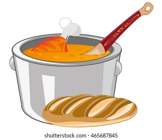Soup with meat in saucepan on white background is insulated