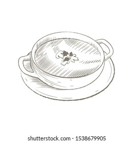 Soup with mushrooms. Vector illustration in sketch engraving style