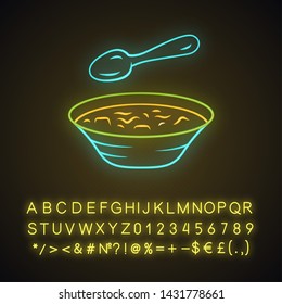 Soup neon light icon. Bowl and spoon, kitchenware. Hot steaming soup plate. First meal. Healthy diet. Nutritious meal. Glowing sign with alphabet, numbers and symbols. Vector isolated illustration