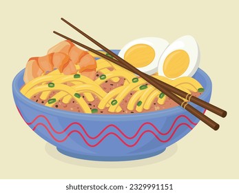soup with noodle, fried shrimps, boiled eggs and green onion