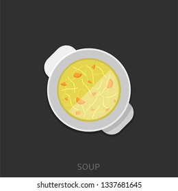 Soup. Soup with noodles and carrot in the white pan Vector illustration