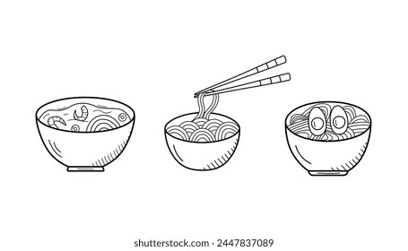 Soup with noodles, eggs, and shrimp in a bowl. Vector illustration of Asian cuisine, doodle icons for restaurant menus.