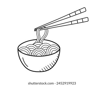 Soup with noodles, eggs, and shrimp in a bowl. Vector illustration of Asian cuisine, doodle icons for restaurant menus.