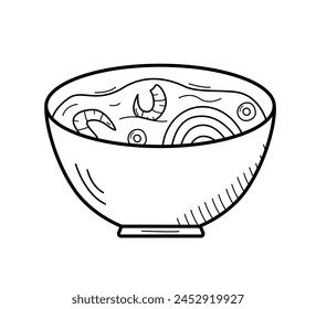Soup with noodles, eggs, and shrimp in a bowl. Vector illustration of Asian cuisine, doodle icons for restaurant menus.