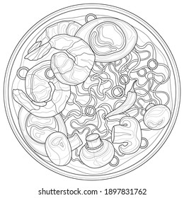 Soup with noodles, shrimps, mushrooms and egg.Coloring book antistress for children and adults. Illustration isolated on white background.Zen-tangle style. Black and white drawing