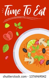 Soup on bright background in flat design style. Doodle elements. Flat food - soup. Time to eat. Vector illustration.