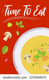 Soup on bright background in flat design style. Doodle elements. Flat food - soup. Time to eat. Vector illustration.