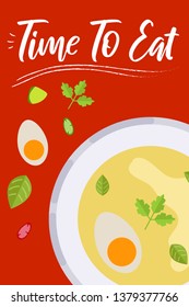 Soup on bright background in flat design style. Doodle elements. Flat food - soup. Time to eat. Vector illustration. 