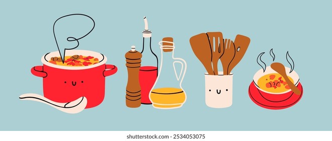 Soup in pan, kitchen utensils, pepper grinder, oil, vinegar, hot dish in bowl or plate. Delicious vegetarian food concept. Hand drawn Vector illustration. Isolated design elements