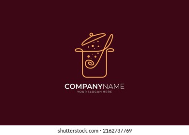 Soup pan and ladle logo, continuous line design style, great for cooking, restaurant, kitchen and recipe logo templates