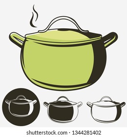 Soup pan, Pot of hot soup icon isolated on white background. Vector