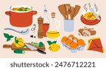 Soup in pan, utensils, pepper grinder, oil, mushrooms, cutting board, lemon, eggs, napkin, seasonal vegetables. Delicious vegetarian food concept. Hand drawn Vector illustration. Isolated elements