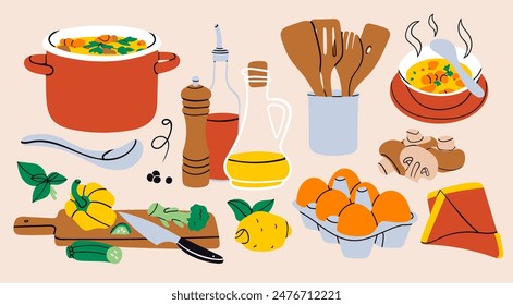 Soup in pan, utensils, pepper grinder, oil, mushrooms, cutting board, lemon, eggs, napkin, seasonal vegetables. Delicious vegetarian food concept. Hand drawn Vector illustration. Isolated elements