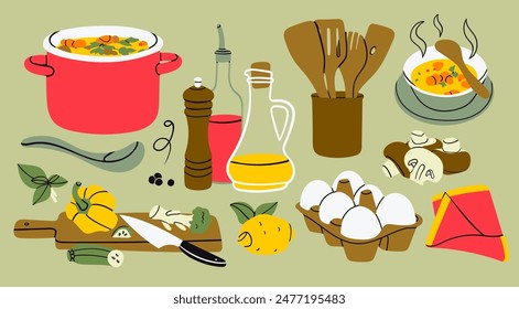 Soup in pan, utensils, pepper grinder, oil, mushrooms, cutting board, lemon, eggs, napkin, seasonal vegetables. Delicious vegetarian food concept. Hand drawn Vector illustration. Isolated elements