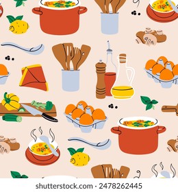 Soup in pan, utensils, pepper grinder, oil, mushrooms, cutting board, lemon, eggs, napkin, seasonal vegetables. Delicious vegetarian food concept. Hand drawn Vector illustration. Seamless Pattern