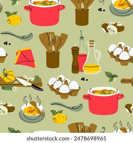 Soup in pan, utensils, pepper grinder, oil, mushrooms, cutting board, lemon, eggs, napkin, seasonal vegetables. Delicious vegetarian food concept. Hand drawn Vector illustration. Seamless Pattern