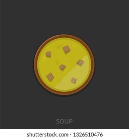 Soup. Soup with pieces of meat in the wood bowl Vector illustration
