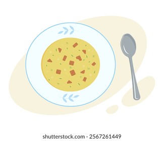 Soup. A plate of soup, the first course. Food for lunch. Cooking and menu. Vector illustration for web design