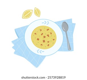 Soup. A plate of soup, the first course. Magiritsa is a traditional Greek dish. Cooking and menu. Vector illustration for web design