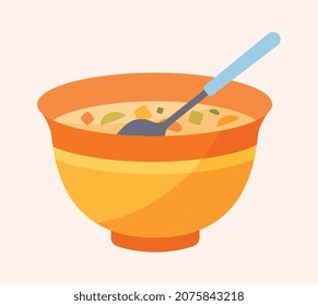 Soup in plate. Icons for sections in restaurant or cafe. Food that can be reheated quickly. Vegetarian, benefits, healthy lifestyle, vitamins, vegetables, badge. Cartoon flat vector illustration
