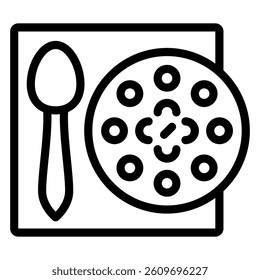 Soup plate with spoon at table line icon, eat what you want concept. Vector graphics. Food dish sign on white background, style mobile or design