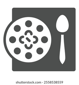 Soup plate with spoon at table solid icon, eat what you want concept. Vector graphics. Food dish sign on white background, glyph style icon for mobile or web design