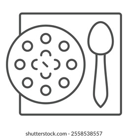 Soup plate with spoon at table thin line icon, eat what you want concept. Vector graphics. Food dish sign on white background, outline style icon for mobile or web design