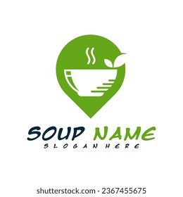 Suppe mit Point Logo Design Konzept. Food Cooking Logo, Vektorgrafik. Küchenlogo mit Topf voller Gemüse.