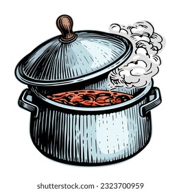 Soup pot is boiling. Cooking concept. Vector illustration for cafe or restaurant menu