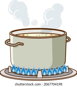 Soup in pot is boiling on the gas stove illustration