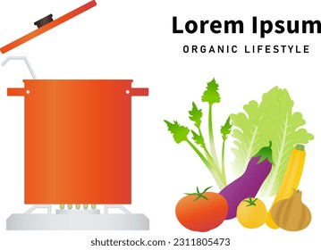 Soup pot and fresh vegetables illustration set with beautiful gradation colors. Background is transparent.