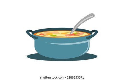 Soup pot. grey blue cooking pot with hot yellow soup on white background.