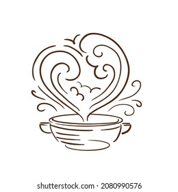 Soup, pot, hot meal, heart shape steam. Food vector illustration.