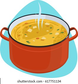 Soup pot. Red cooking pot with hot yellow soup. Isolated. On blue background.