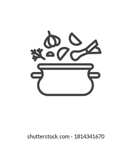 Soup pot, saucepan line icon. linear style sign for mobile concept and web design. Soup cooking pan outline vector icon. Symbol, logo illustration. Vector graphics