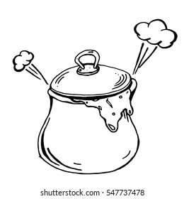 Soup pot. Vector illustration of a pot of porridge. Hand drawn kitchen pot. Pan with steaming food.