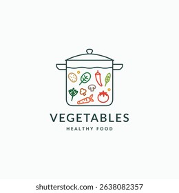 Soup pot with vegetables line art outline logo design. Healthy meals cooking symbol logo vector illustration