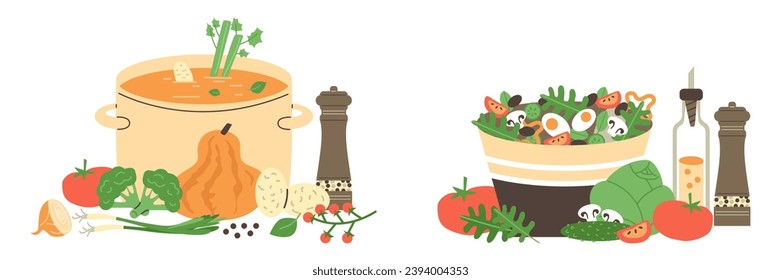 Soup pot with vegetables pumpkin, broccoli, potato, onion. Salad with tomatoes, lettuce, cucumbers, mushrooms, eggs. Vegetarian food preparing process. Menu vector flat illustrations set.