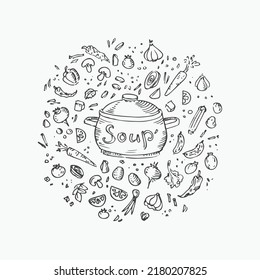 Soup pot, vegetables vector illustration.