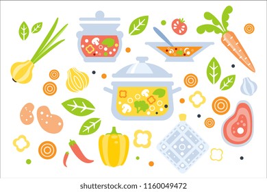 Soup Preparation Set Of Ingredients Illustration. Flat Primitive Graphic Style Collection Of Cooking Items And Vegetables