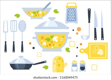 Soup Preparation Set Of Utensils Illustration. Flat Primitive Graphic Style Collection Of Cooking Items And Vegetables