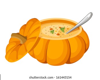 Soup in pumpkin. Vector illustration.