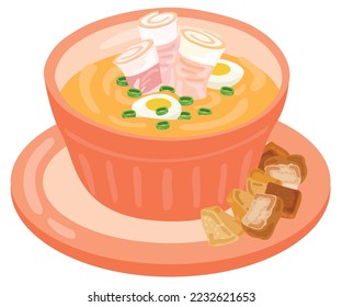 Soup puree with bacon, eggs and croutons. Hand drawn vector illustration. Suitable for website, stickers, postcards.