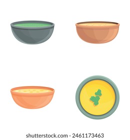 Soup puree icons set cartoon vector. Bowl of vegetable soup puree. Vegan dish, healthy nutrition