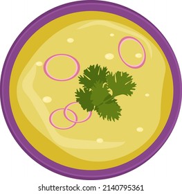 Soup in purple bowl, illustration, vector on a white background.